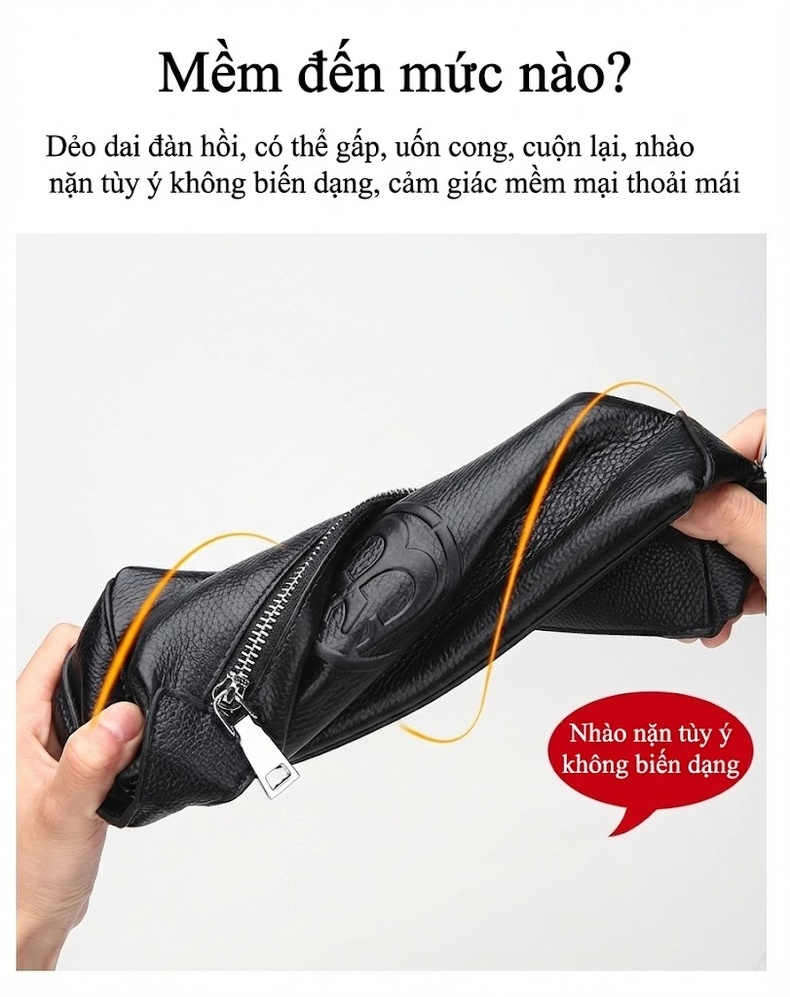 Túi Cầm Tay Nam Da Bò Lớn Thời Trang Màu Đen chi tiết 11