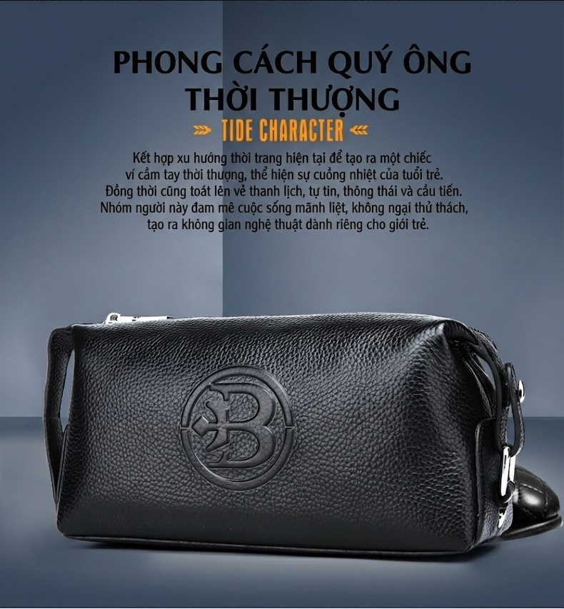Túi Cầm Tay Nam Da Bò Lớn Thời Trang Màu Đen chi tiết 3