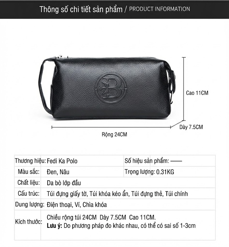 Túi Cầm Tay Nam Da Bò Lớn Thời Trang Màu Đen chi tiết 4