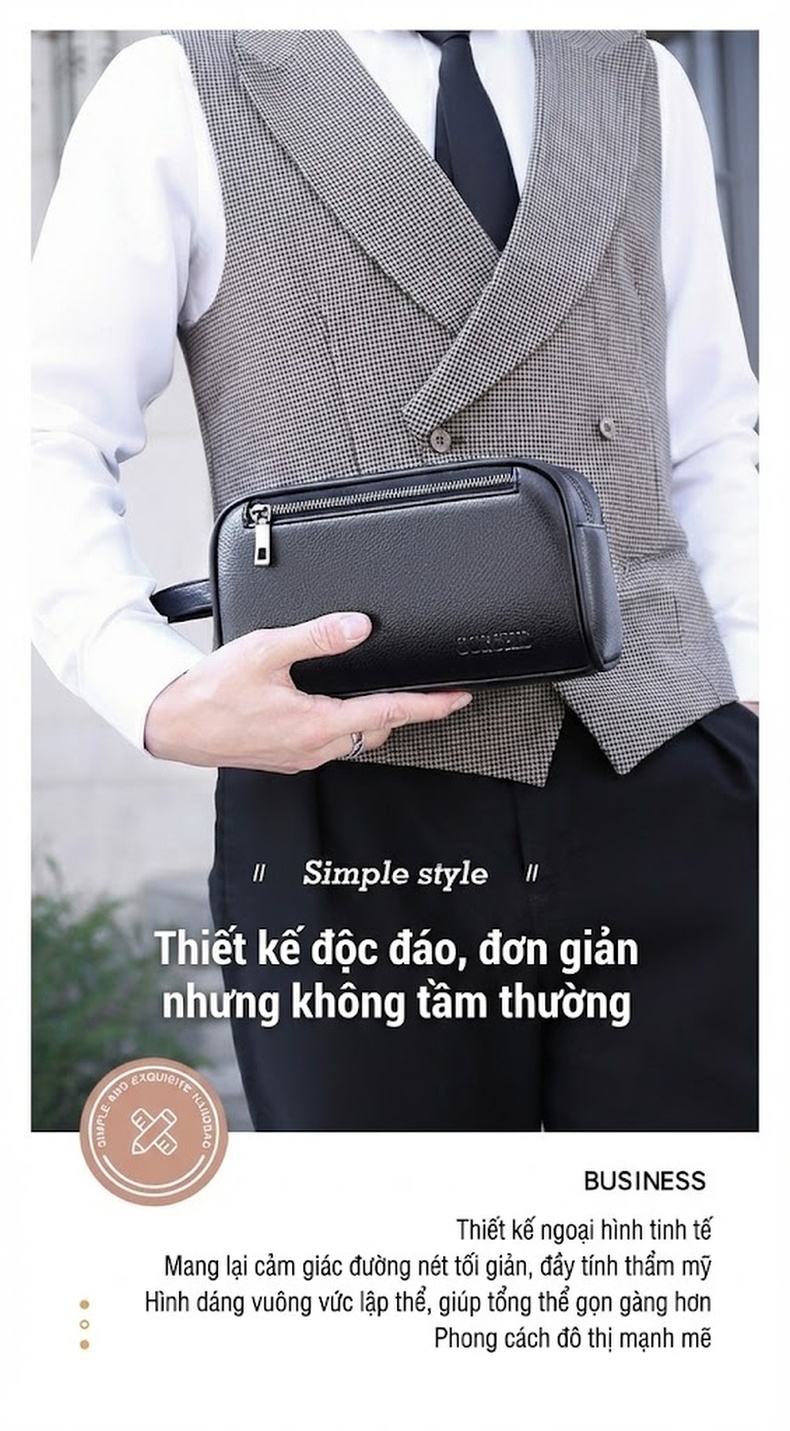 Túi Cầm Tay Nam Da Bóng Thời Trang Công Sở Nhiều Ngăn Màu Nâu chi tiết 4