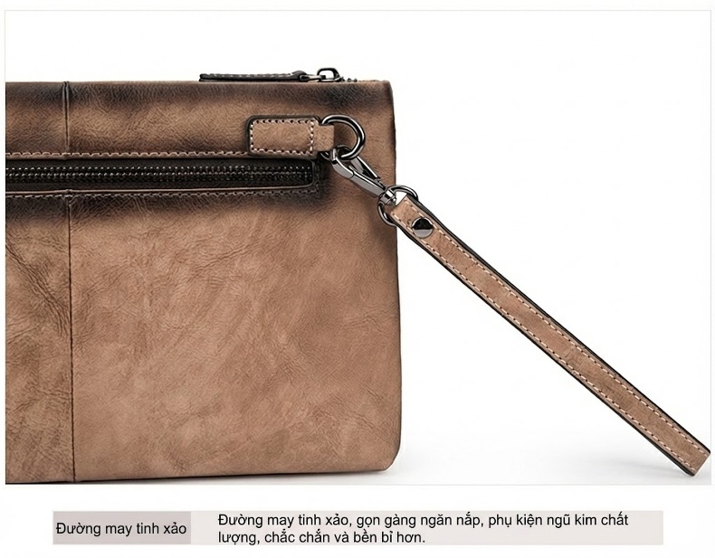 Túi Clutch Nam Da Bò Cầm Tay Khóa Zip Phong Cách Retro Công Sở Màu Nâu, Xanh Navy chi tiết 23