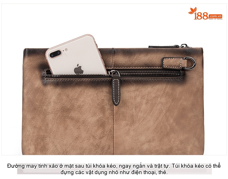 Túi Clutch Nam Da Bò Cầm Tay Khóa Zip Phong Cách Retro Công Sở Màu Nâu, Xanh Navy chi tiết 24