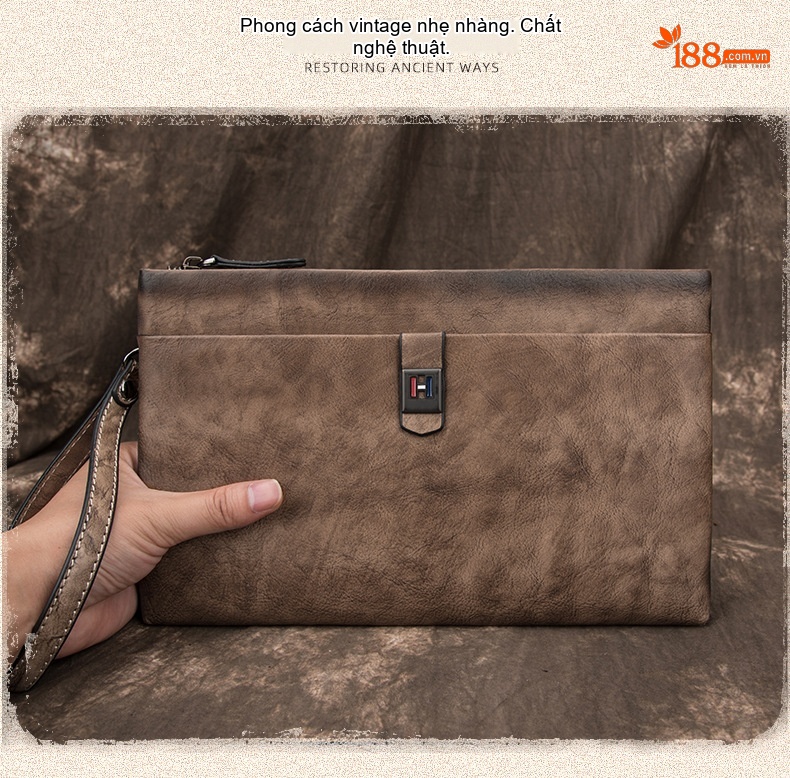Túi Clutch Nam Da Bò Cầm Tay Khóa Zip Phong Cách Retro Công Sở Màu Nâu, Xanh Navy chi tiết 2