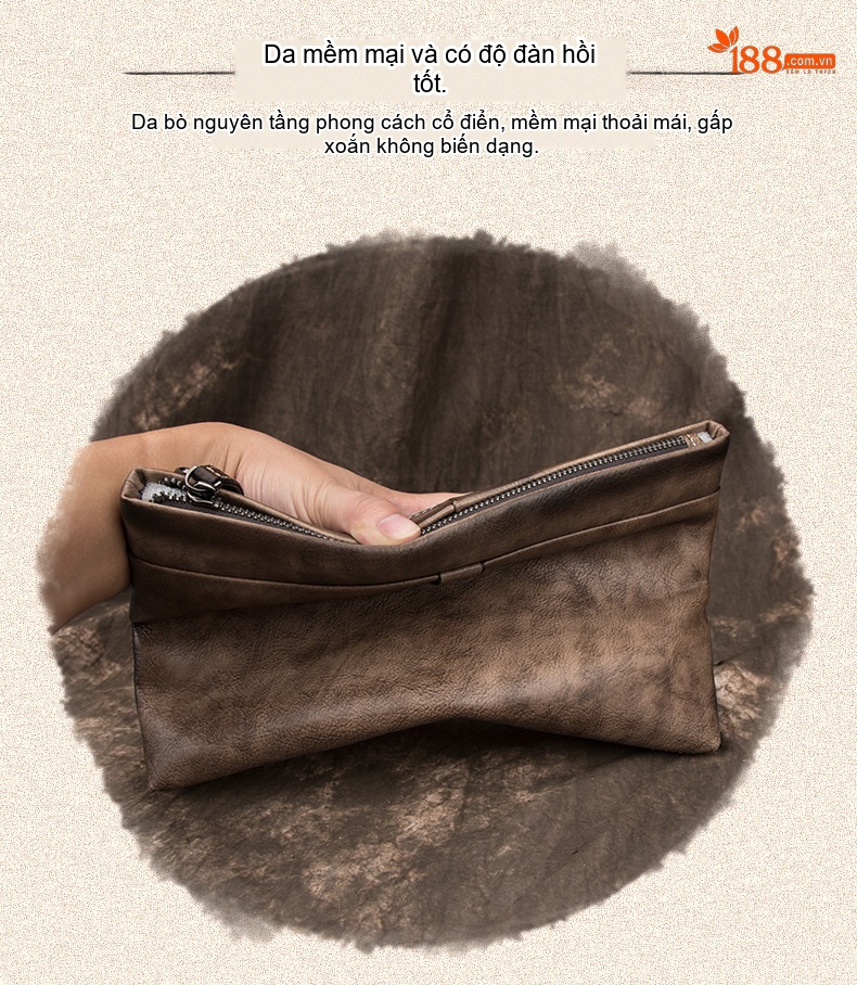 Túi Clutch Nam Da Bò Cầm Tay Khóa Zip Phong Cách Retro Công Sở Màu Nâu, Xanh Navy chi tiết 3