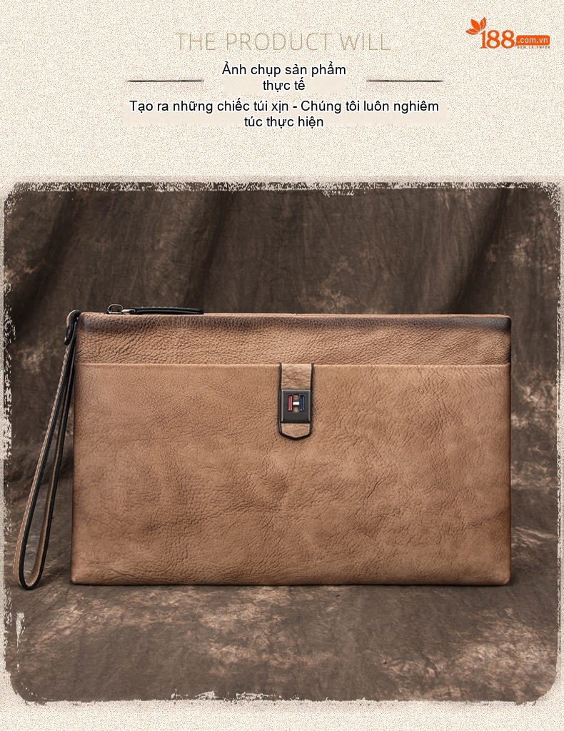 Túi Clutch Nam Da Bò Cầm Tay Khóa Zip Phong Cách Retro Công Sở Màu Nâu, Xanh Navy chi tiết 6