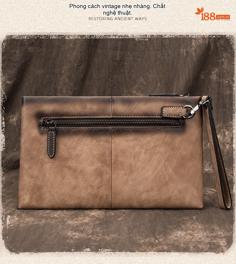 Túi Clutch Nam Da Bò Cầm Tay Khóa Zip Phong Cách Retro Công Sở Màu Nâu, Xanh Navy chi tiết 7