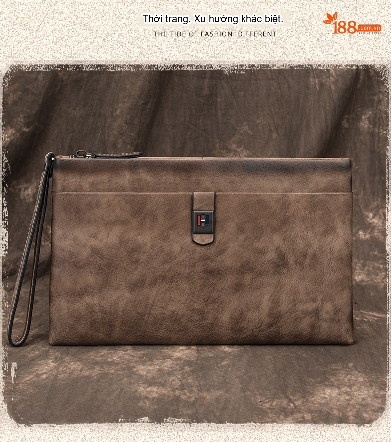 Túi Clutch Nam Da Bò Cầm Tay Khóa Zip Phong Cách Retro Công Sở Màu Nâu, Xanh Navy chi tiết 8