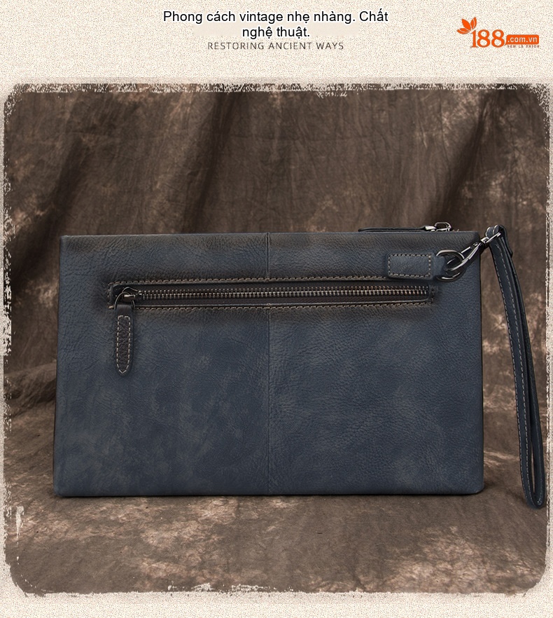 Túi Clutch Nam Da Bò Cầm Tay Khóa Zip Phong Cách Retro Công Sở Màu Nâu, Xanh Navy chi tiết 9