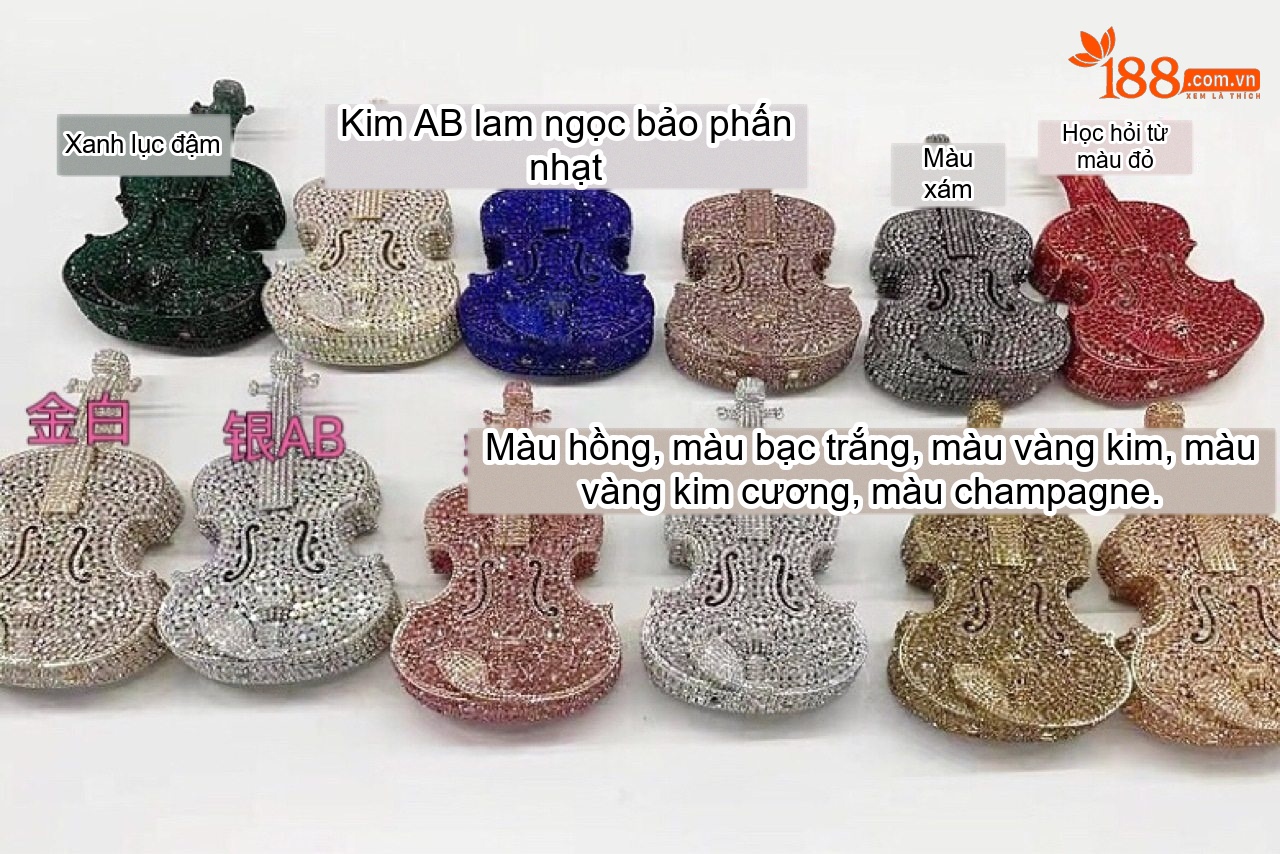 Túi Clutch/Ví Cầm Tay Dáng Đàn Violin Đính Đá Dự Tiệc Sang Trọng Màu Hồng, Xanh Lá, Vàng... chi tiết 2
