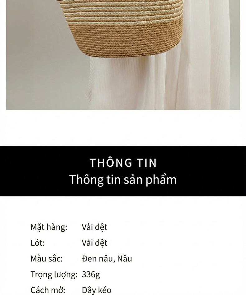 Túi Cói Đan Tay Nữ Thiết Kế Độc Đáo Phong Cách Bãi Biển Sức Chứa Lớn Màu Nâu, Be chi tiết 6