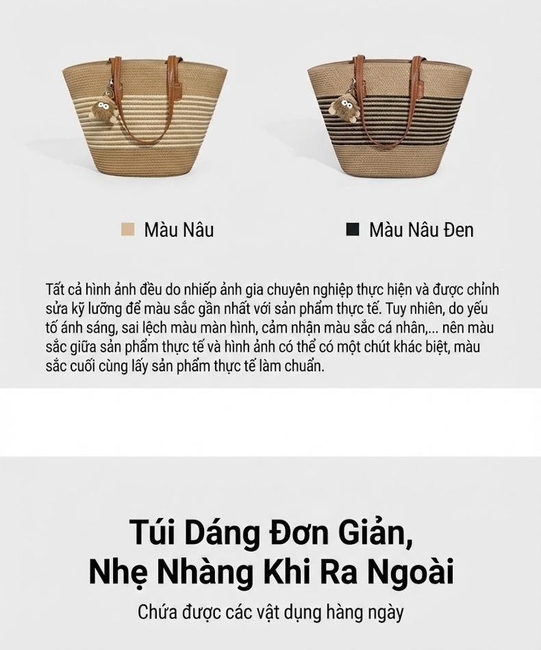 Túi Cói Đan Tay Nữ Thiết Kế Độc Đáo Phong Cách Bãi Biển Sức Chứa Lớn Màu Nâu, Be chi tiết 9