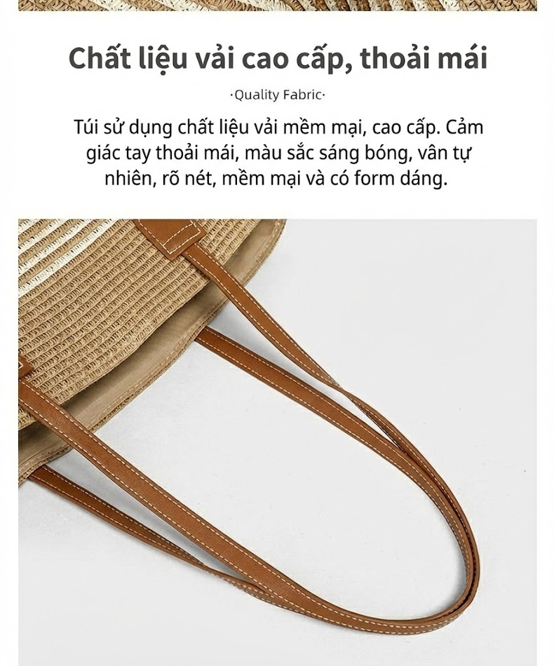 Túi Cói Đan Tay Nữ Thiết Kế Độc Đáo Phong Cách Bãi Biển Sức Chứa Lớn Màu Nâu, Be chi tiết 14