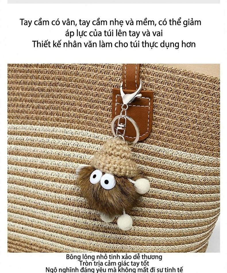 Túi Cói Đan Tay Nữ Thiết Kế Độc Đáo Phong Cách Bãi Biển Sức Chứa Lớn Màu Nâu, Be chi tiết 15
