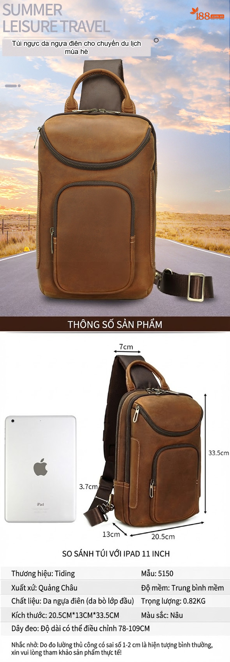 Túi Đeo Chéo/Đeo Ngực Nam Da Thật Phong Cách Retro Đựng Ipad 11 inch Màu Nâu, Nâu Đậm chi tiết 2