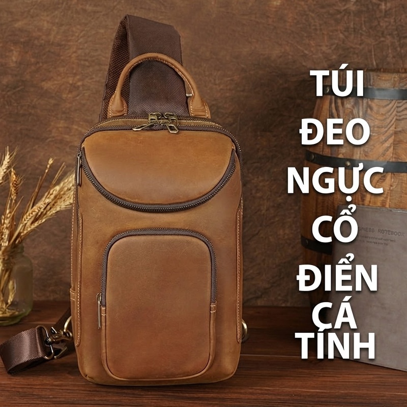Túi Đeo Chéo/Đeo Ngực Nam Da Thật Phong Cách Retro Đựng Ipad 11 inch Màu Nâu, Nâu Đậm
