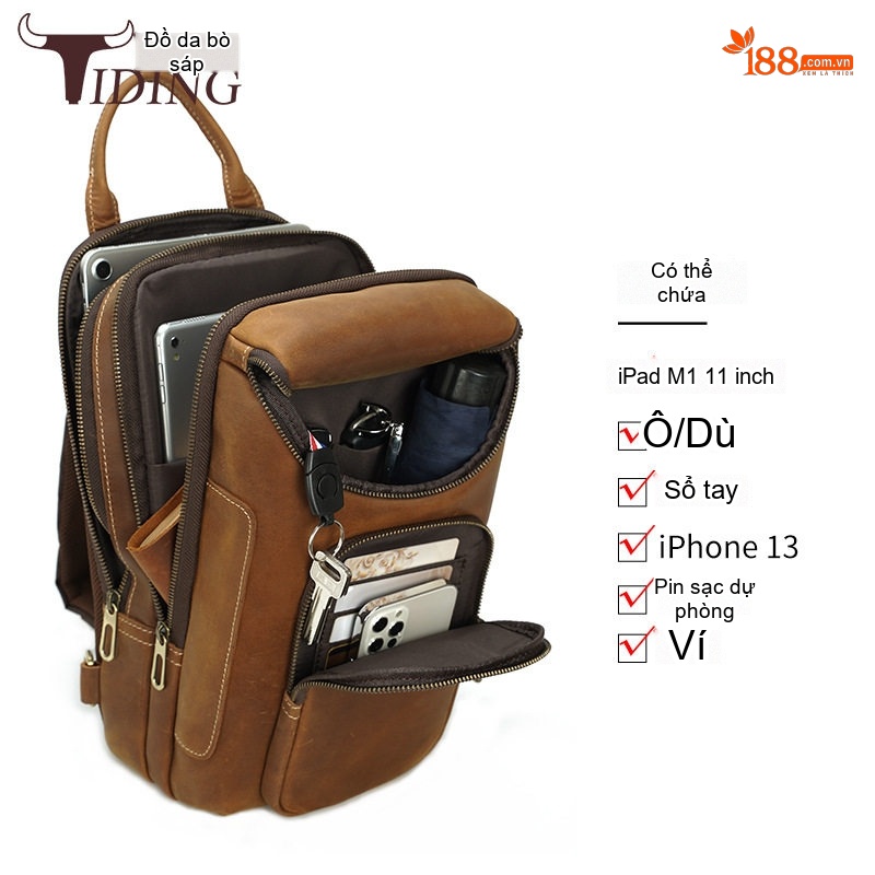 Túi Đeo Chéo/Đeo Ngực Nam Da Thật Phong Cách Retro Đựng Ipad 11 inch Màu Nâu, Nâu Đậm