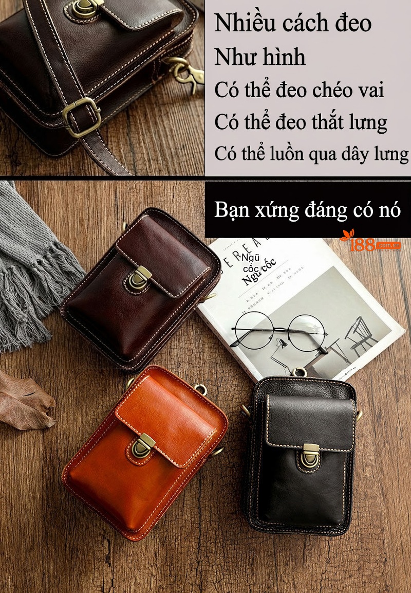 Túi Đeo Chéo/Đeo Vai/Đeo Hông Nam Da Thật Màu Nâu Đỏ, Đen chi tiết 16