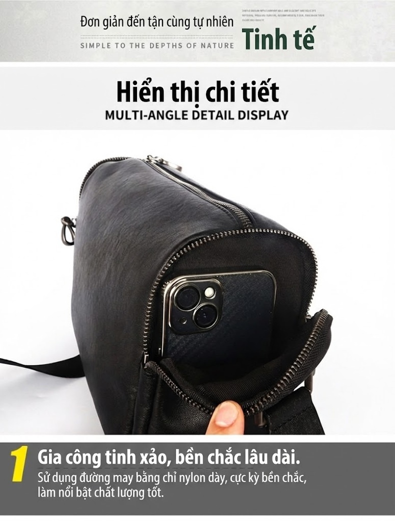 Túi Đeo Chéo/Đeo Vai Nam Da Bò Hình Trụ Tròn Phong Cách Công Sở Màu Đen chi tiết 17