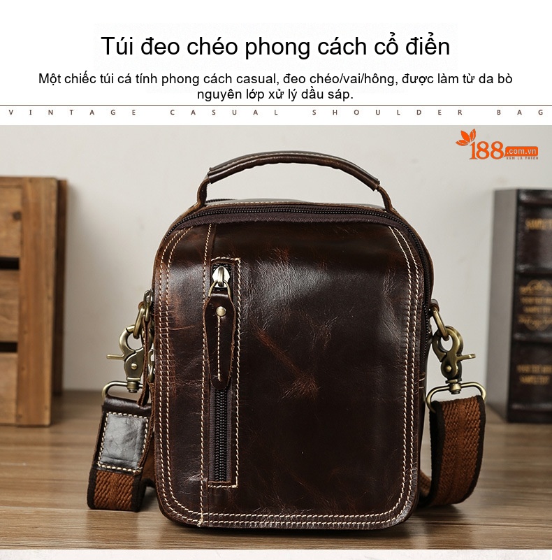 Túi Đeo Chéo/Đeo Vai Nam Da Bò Kiểu Âu Mỹ Retro Nhiều Ngăn Màu Nâu chi tiết 4