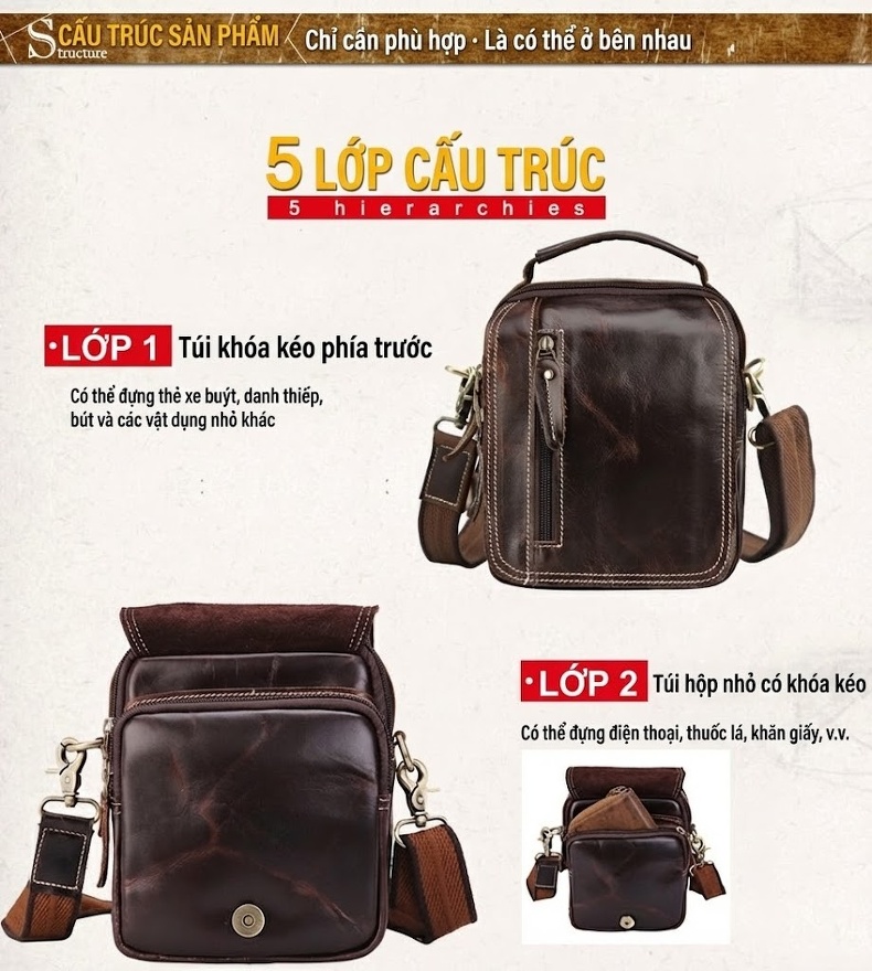 Túi Đeo Chéo/Đeo Vai Nam Da Bò Kiểu Âu Mỹ Retro Nhiều Ngăn Màu Nâu chi tiết 9