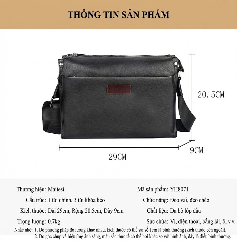 Túi Đeo Chéo/Đeo Vai Nam Da Bò Lớn, Phong Cách Casual Màu Đen chi tiết 9