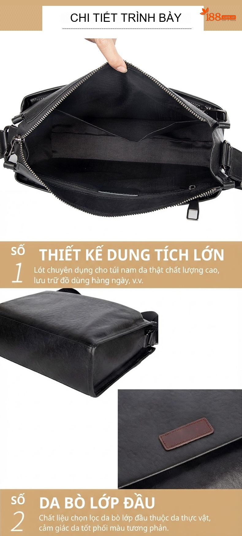 Túi Đeo Chéo/Đeo Vai Nam Da Bò Lớn, Phong Cách Casual Màu Đen chi tiết 13