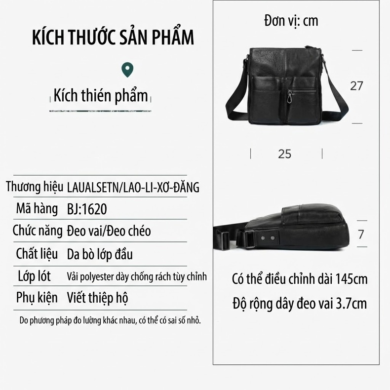 Túi Đeo Chéo/Đeo Vai Nam Da Bò Lớp Mặt Phong Cách Doanh Nhân Màu Đen