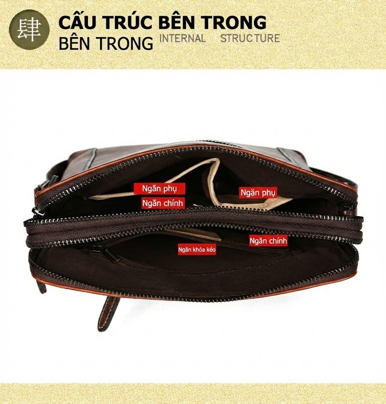 Túi Đeo Chéo/Đeo Vai Nam Da Bò Thật Dáng Công Sở Cổ Điển Màu Nâu, Đen chi tiết 6