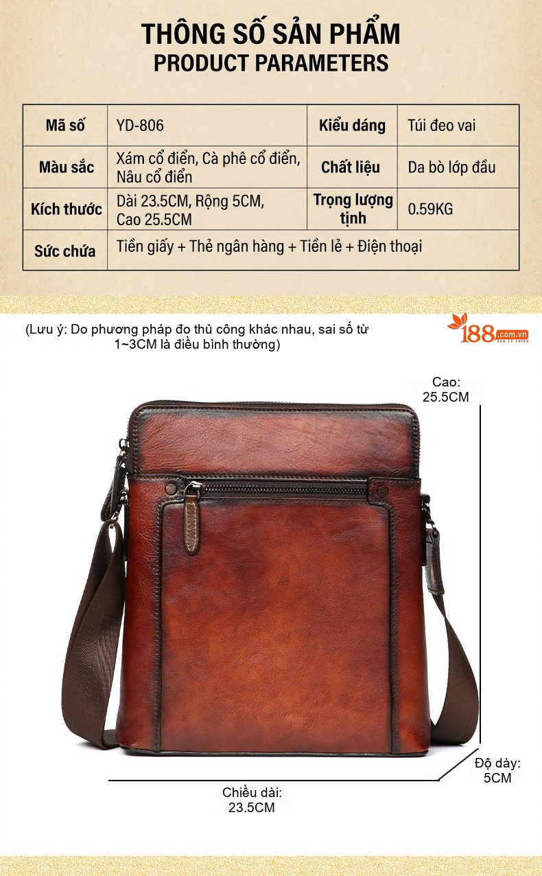 Túi Đeo Chéo/Đeo Vai Nam Da Bò Thật Dáng Công Sở Cổ Điển Màu Nâu, Đen chi tiết 24