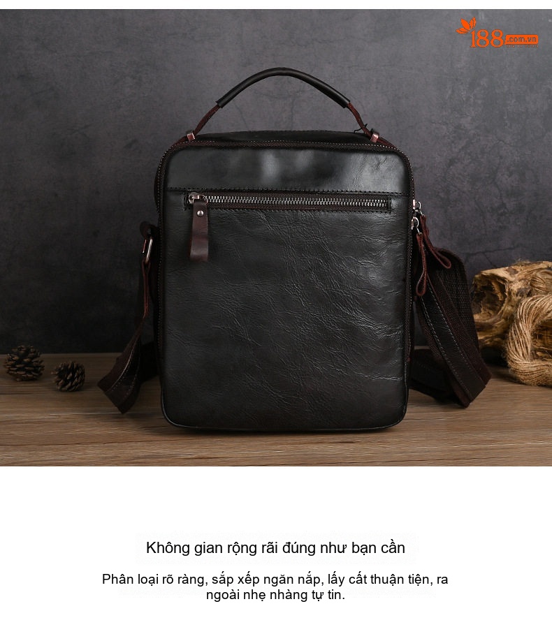 Túi Đeo Chéo/Đeo Vai Nam Da Thật Đa Năng Phong Cách Retro Màu Nâu, Đen chi tiết 8