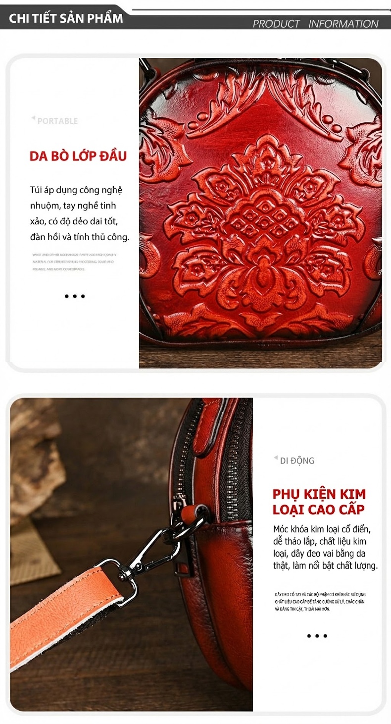 Túi Đeo Chéo/Đeo Vai Nữ Da Bò Dáng Tròn Nhỏ Cổ Điển chi tiết 10