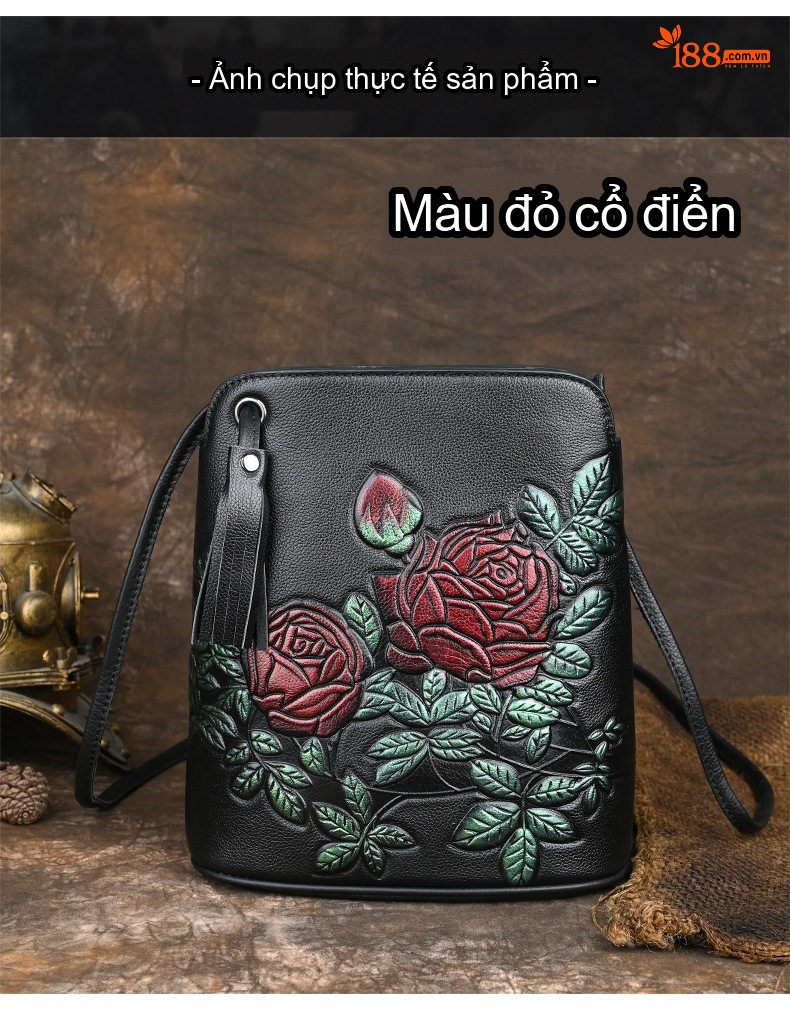 Túi Đeo Chéo/Đeo Vai Nữ Da Bò Kiểu Túi Bucket Nhỏ Gọn In Hoa Văn Màu Đen, Đỏ, Tím chi tiết 4