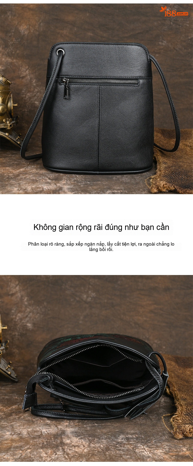 Túi Đeo Chéo/Đeo Vai Nữ Da Bò Kiểu Túi Bucket Nhỏ Gọn In Hoa Văn Màu Đen, Đỏ, Tím chi tiết 8