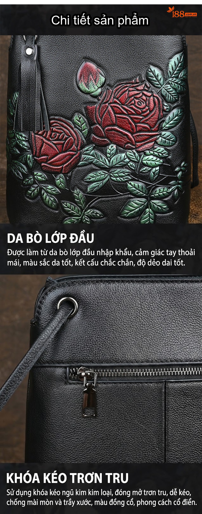 Túi Đeo Chéo/Đeo Vai Nữ Da Bò Kiểu Túi Bucket Nhỏ Gọn In Hoa Văn Màu Đen, Đỏ, Tím chi tiết 10