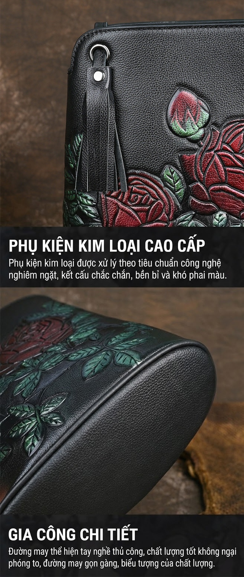 Túi Đeo Chéo/Đeo Vai Nữ Da Bò Kiểu Túi Bucket Nhỏ Gọn In Hoa Văn Màu Đen, Đỏ, Tím chi tiết 11