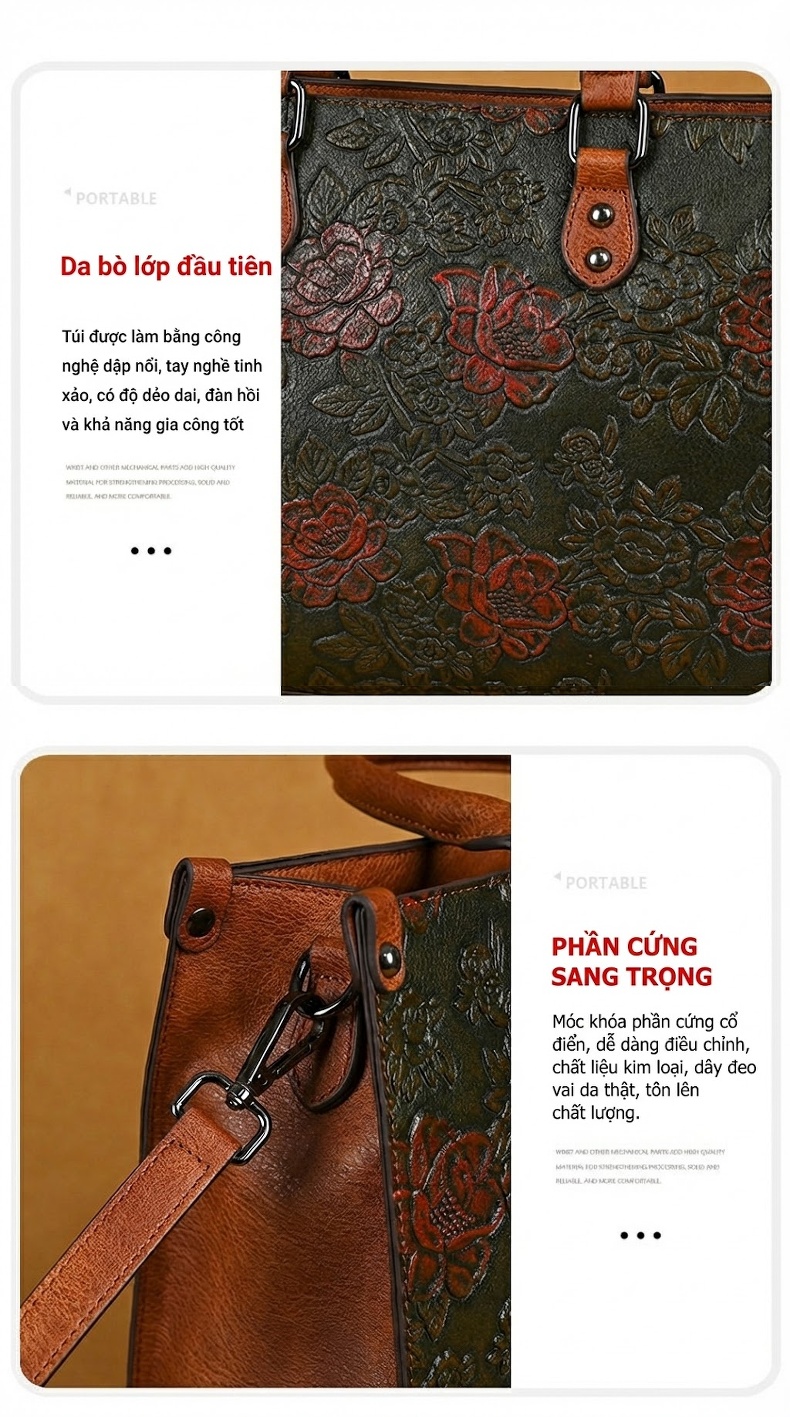 Túi Đeo Chéo/Đeo Vai Nữ Da PU Hoạ Tiết Hoa Vintage Màu Nâu, Xám, Đen chi tiết 12