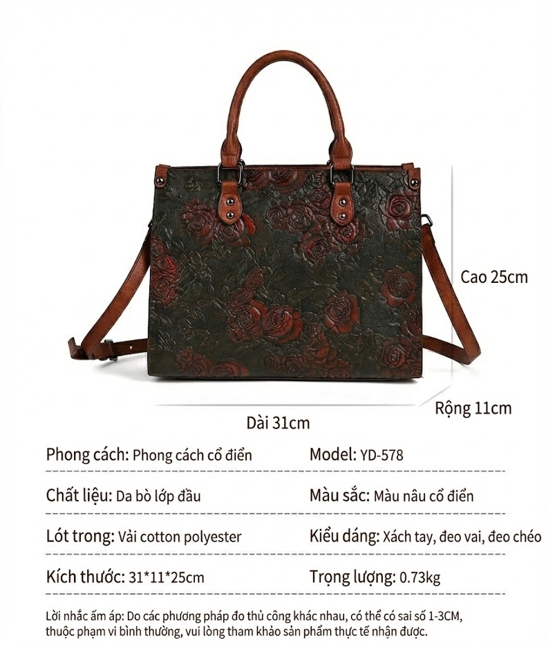 Túi Đeo Chéo/Đeo Vai Nữ Da PU Hoạ Tiết Hoa Vintage Màu Nâu, Xám, Đen chi tiết 3