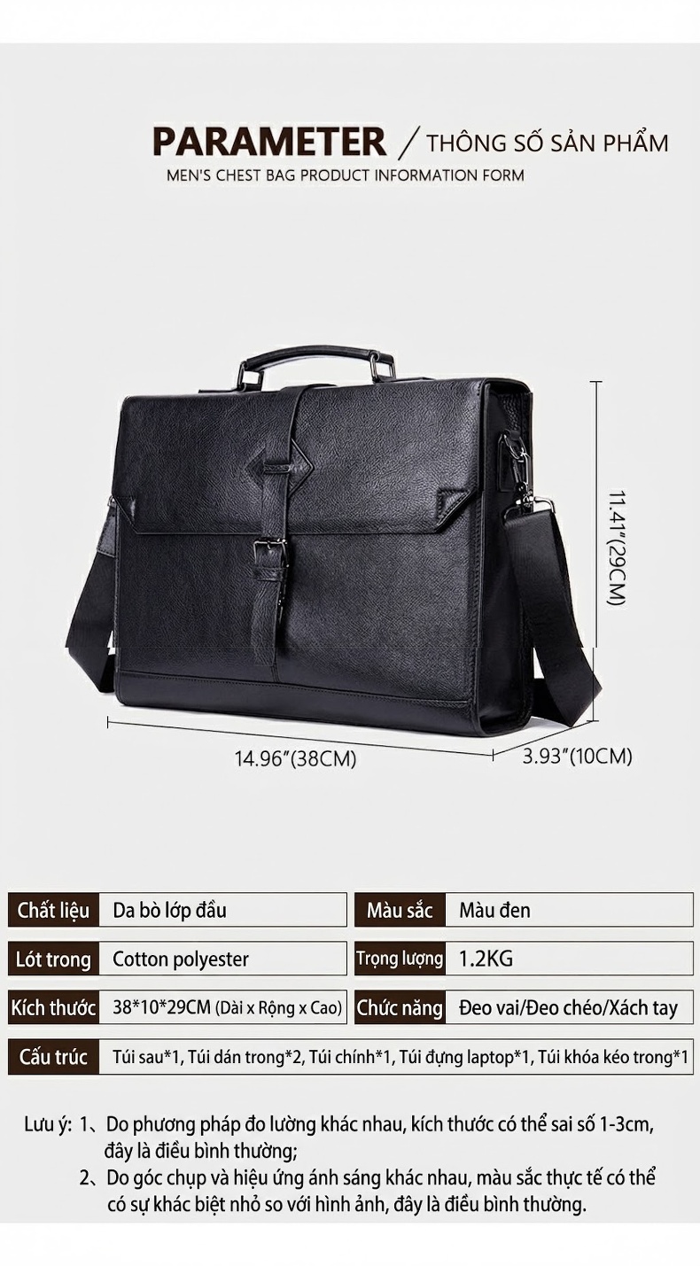 Túi Đeo Chéo/Đeo Vai/Xách Tay Nam Da Thật Công Sở Đựng Laptop Màu Đen chi tiết 2