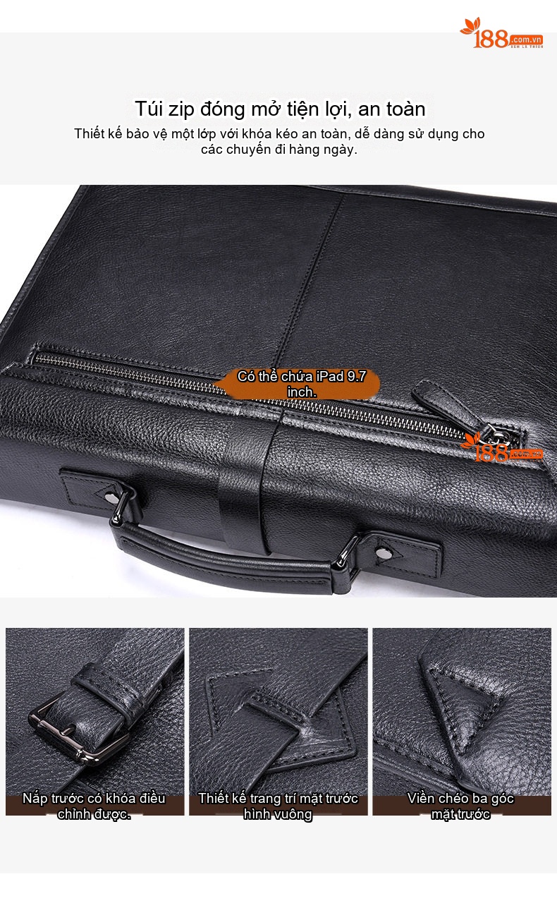 Túi Đeo Chéo/Đeo Vai/Xách Tay Nam Da Thật Công Sở Đựng Laptop Màu Đen chi tiết 8