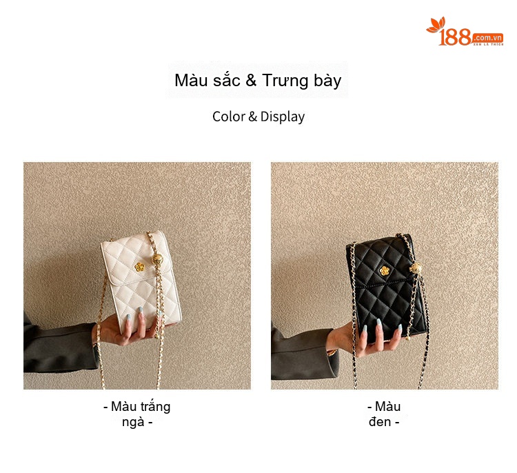 Túi Đeo Chéo Điện Thoại Nữ Da Bò Dây Xích Thiết Kế Nhỏ Gọn Màu Đen chi tiết 4