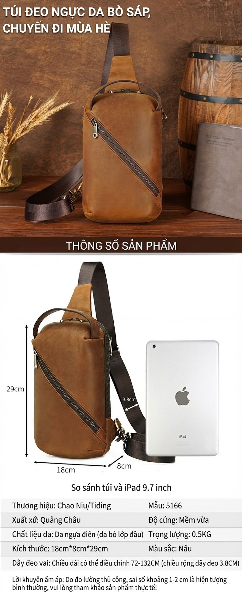 Túi Đeo Chéo Ipad 9.7 Inch Nam Nữ Da Bò Thời Trang Màu Nâu, Đen chi tiết 2