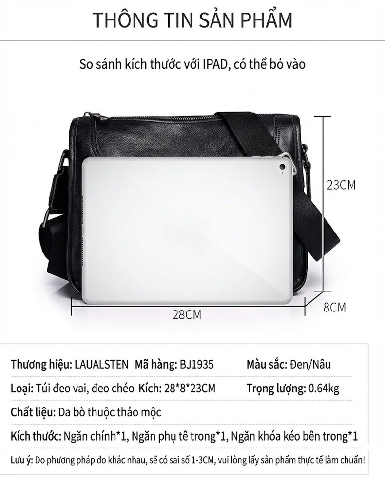 Túi Đeo Chéo Laptop Nam Da Bò Lớp Đầu Dung Tích Lớn Đeo Vai Công Sở Màu Đen, Nâu chi tiết 19