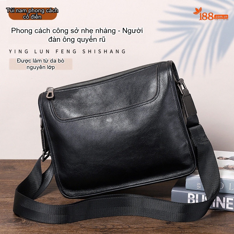 Túi Đeo Chéo Laptop Nam Da Bò Lớp Đầu Dung Tích Lớn Đeo Vai Công Sở Màu Đen, Nâu