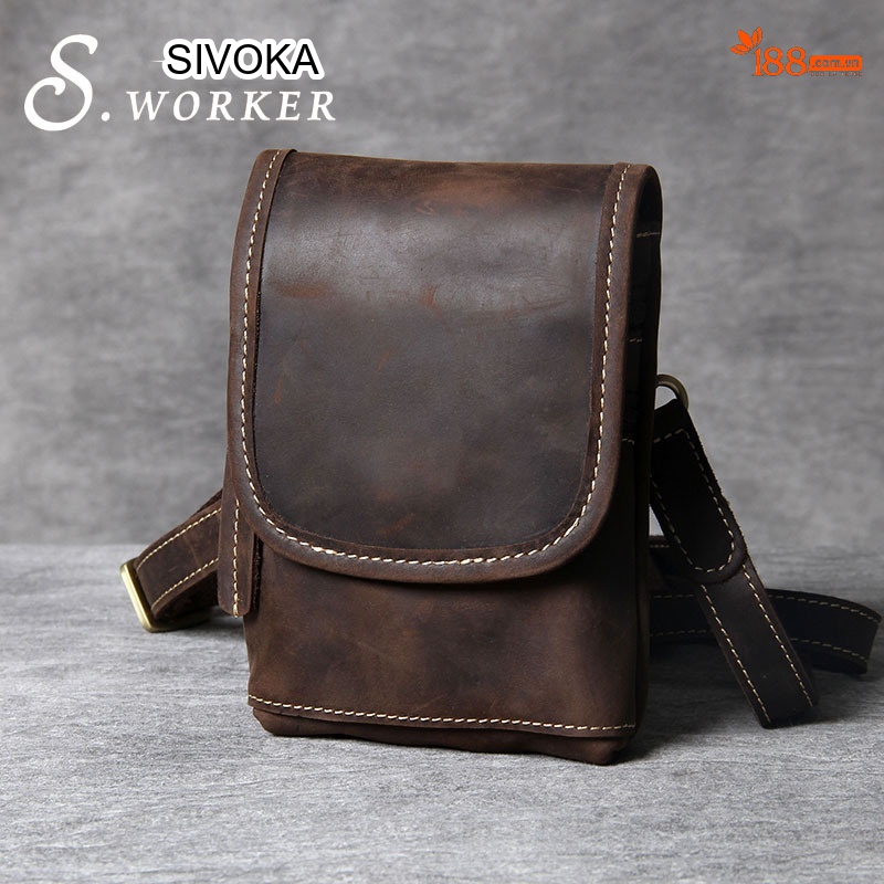 Túi Đeo Chéo Mini Da Bò Sáp Ngựa Điên Vintage Đựng Điện Thoại