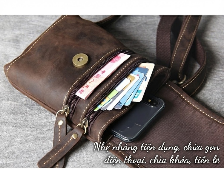 Túi Đeo Chéo Mini Da Bò Sáp Ngựa Điên Vintage Đựng Điện Thoại chi tiết 16