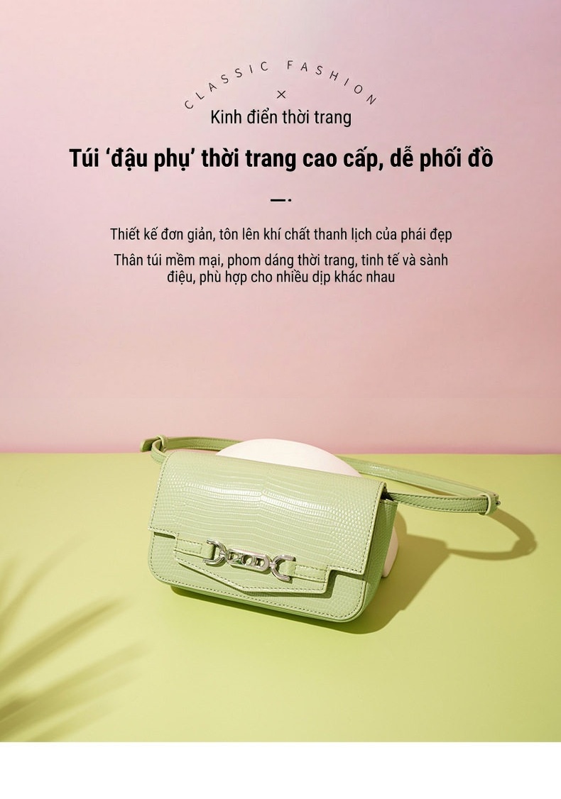 Túi Đeo Chéo Mini Da Bò Vân Thằn Lằn Đeo Vai Đựng Điện Thoại Màu Nâu, Xanh Lá, Xanh Dương chi tiết 1