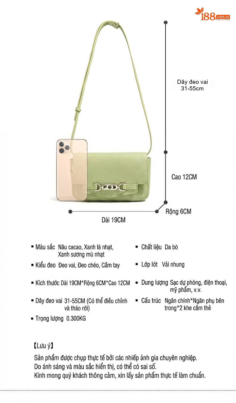 Túi Đeo Chéo Mini Da Bò Vân Thằn Lằn Đeo Vai Đựng Điện Thoại Màu Nâu, Xanh Lá, Xanh Dương chi tiết 5