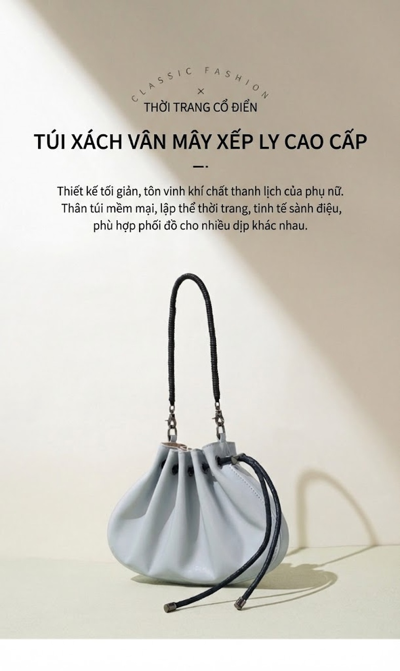 Túi Đeo Chéo Mini Da Cừu Túi Xách Tay Rút Dây Thiết Kế Nhún Bèo Cao Cấp Màu Trắng, Xanh, Đen chi tiết 1