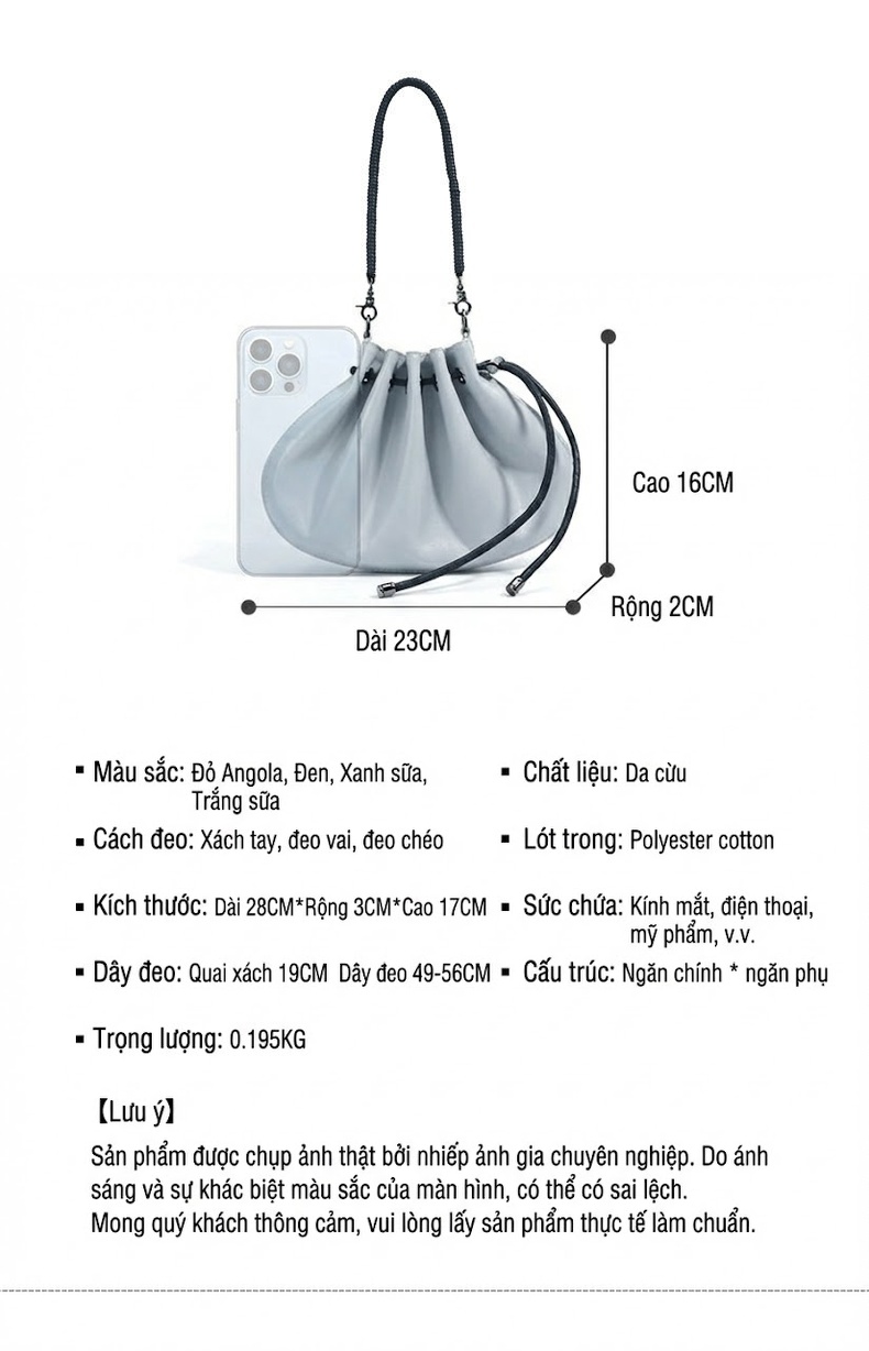 Túi Đeo Chéo Mini Da Cừu Túi Xách Tay Rút Dây Thiết Kế Nhún Bèo Cao Cấp Màu Trắng, Xanh, Đen chi tiết 7