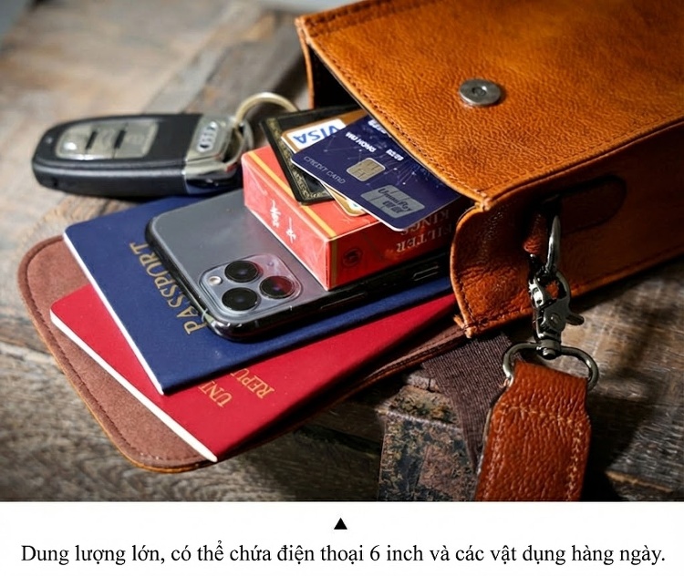 Túi Đeo Chéo Mini Nam Da Thật Túi Đựng Điện Thoại Da Bò Màu Nâu, Đen chi tiết 11